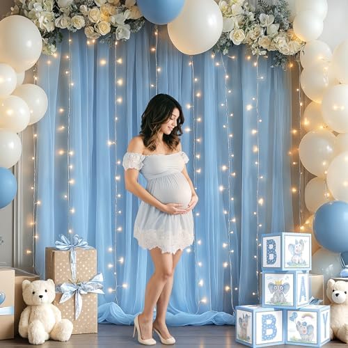 10x10FT Blue Wrinkle Free Backdrop Curtains with Lights String for Parties - Photo Curtain Backdrop with Lights for Wedding Decorations, Bridal Baby Shower Birthday Party Photography Background - Image 4