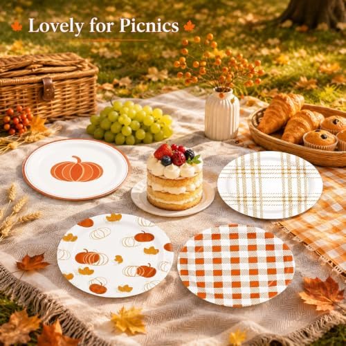 48 PCS Fall Paper Plates 7 inch, Pumpkin Orange Gingham Party Plates Disposable Cake Dessert Plate for Autumn Theme Harvest Thanksgiving Party Decorations (Fall) - Image 6