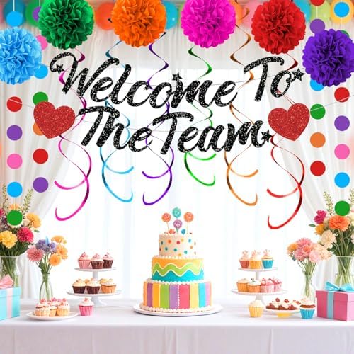 Welcome To The Team Party Decorations Black Glittery Welcome Signs Banner Hanging Swirls Colorful Paper Pompoms Circle Dots Garland for New Employee Coworker Teacher Colleague Staff Team Member Office Party - Image 2