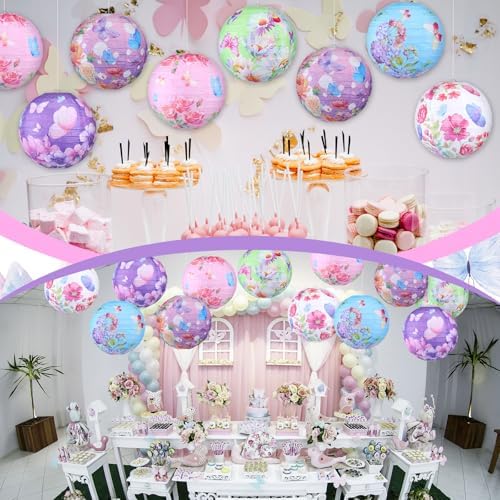 Panelee 12 Pcs Butterfly & Floral Theme Party Decorations Floral Hanging Paper Lanterns 8 Inches Round Flower Paper Lanterns for Summer Tea Party Ceiling Garden Wedding Bridal Decor Supplies - Image 6