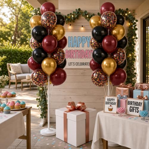 Hiins Balloon Column Kit Set of 2, Burgundy Black Gold Birthday Party Decor - Image 7