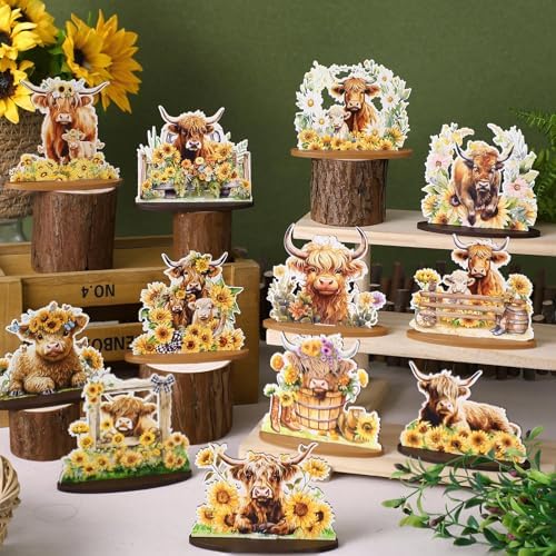 Wesiti 12 Pcs Highland Cow Table Decoration Wooden Highland Cow Centerpiece - Image 4