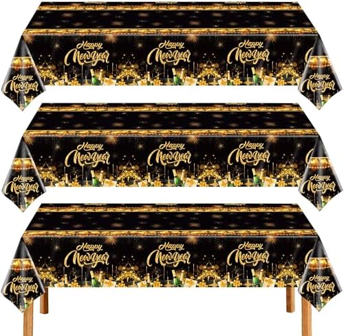 BCCSNNMN 3 Pcs Happy New Year Tablecloths,Rectangle Disposable Plastic Black Gold NYE Table Covers for New Years Eve Party Table Decorations Supplies 54" X 108" by BCCSNNM