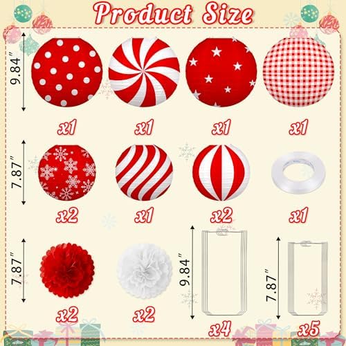 13PCS Christmas Decorations Ornaments Set – 9 Red White Hanging Paper Lanterns, 4 Pom Poms for Indoor, Home, Xmas Party, Porch Decor - Image 4