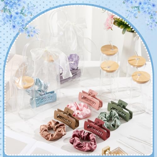 SiliFine 49 Pcs/12 Set Birthday Gifts for Girls, Muted Morandi Birthday Gifts for Girls Party Supplies, 12 Glass Cups, 12 Hair Band, 12 Hair Clip, 12 Tote Bag, 1 Ribbon for Women Spa Sleepover Slumber - Image 4