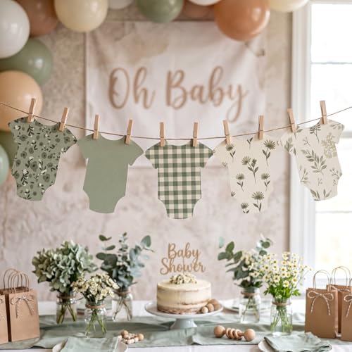 Frienda Woodland Baby Shower Banner, Sage Green Paper Onesie Garland - Image 5