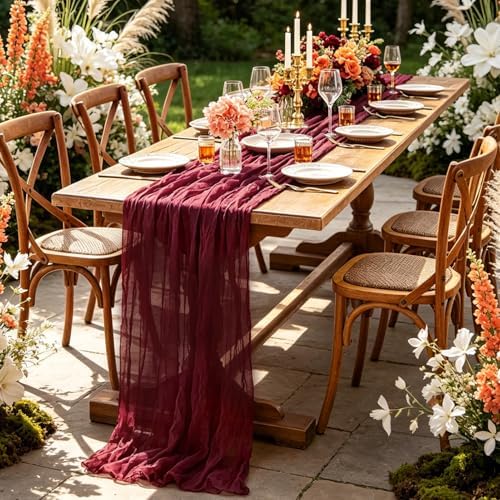3Pcs Burgundy Table Runner, 10FT Boho Rustic Burgundy Maroon Table Runner 120inch Cheese Cloth Red Runner for Wedding Christmas Birthday Holiday Party Decorations - Image 5