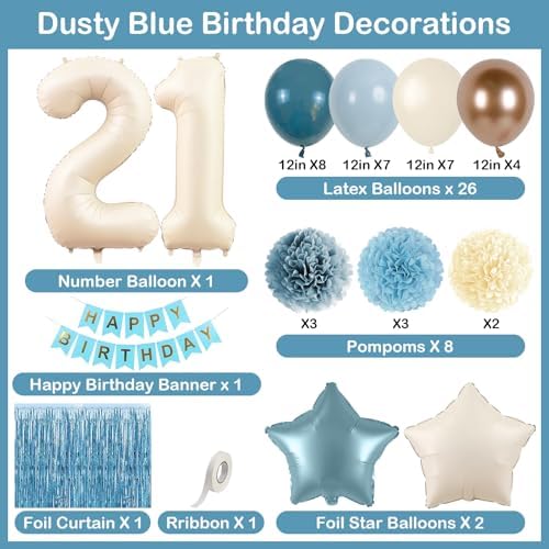 Dusty Blue 21st Birthday Party Decorations Boys Beige Number 21 Balloon - Image 4