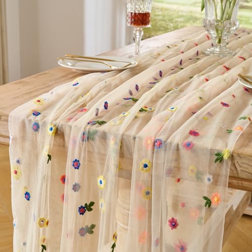 BINBE 12pcs Daisy Spring Table Runner Embroidery Gauze 10FT Florals Seasonal Tulle Holiday Birthday Kitchen Dining Table Decor for Home Party Champagne by BINBE