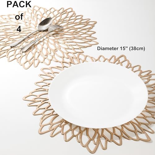 Snowkingdom 4 Pack Gold Placemats Metallic Pressed Vinyl Golden for Dinning Table Place Mats Round Floral Charger Decoration for Christmas Thanksgiving Holiday Wedding - Image 2