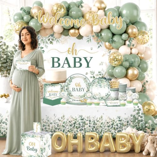 286Pcs Sage Green Baby Shower Decorations Kit, Gender Neutral Party Supplies with Balloon Arch, Backdrop, Plates, Napkins, Sash, Letter Boxes, Tablecloth, Serves 20 - Image 2