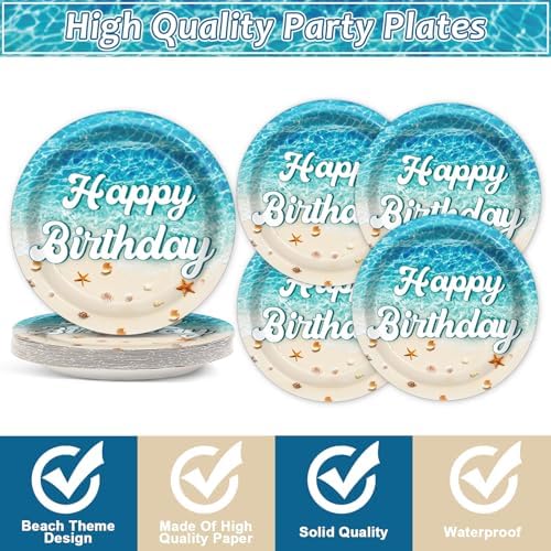 CHUNNIN 96Pcs Beach Happy Birthday Plates and Napkins Ocean Waves Ocean Seashell Party Decorations Beach Themed Party Dessert Plates Summer Pool Tableware for 24 Guests Hawaiian Supplies - Image 3