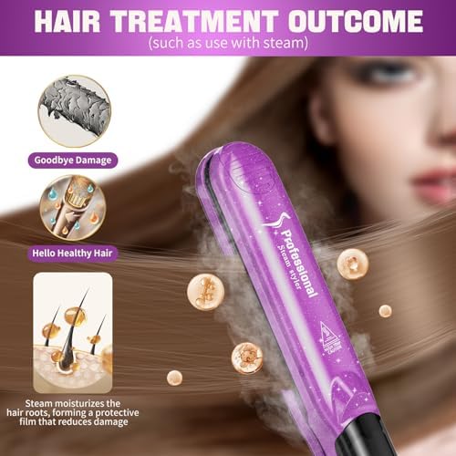 DORISILK 2.0 Upgraded Steam Straighteners for Hair, Professional Salon Ceramic Vapor Steam Flat Iron Hair Straightener and Curler 2 in 1 Straightening Curling Iron 1″, Dual Voltage LED Temp, Purple - Image 3