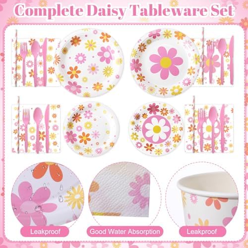 450 Pcs Groovy Daisy Flower Tableware Set, Serve 50, Colorful - Image 2