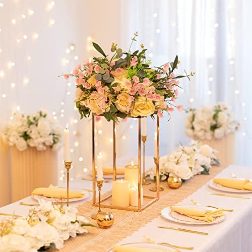 Sziqiqi Gold Geometric Column Flower Stand Wedding Centerpieces, 2Pcs - Image 2