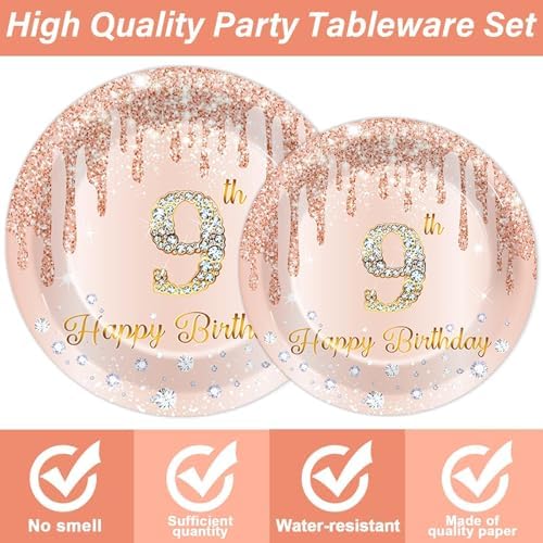 96 Pcs Rose Gold 9th Birthday Party Plates and Napkins for Girls Rose Gold Party Supplies Pink Happy 9 Years Birthday Party Tableware Set for 24 Guests Party Decorations - Image 3