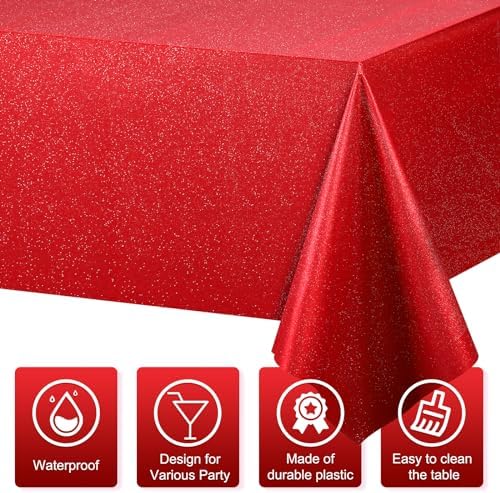 FunnyPars 6 Pack Iridescent Red Plastic Tablecloth,Glitter Disposable Laser Rectangle Table Covers,Red Holographic Foil Table Cloth Christmas Birthday Wedding Anniversary Party Decorations,54x108Inch - Image 3
