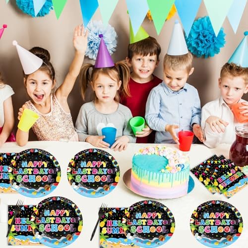 96 Pcs Happy Last Day of School Paper Party Plates and Napkins for Summer Vacation Supplies Summer End of School Year Theme Dessert Tableware Set for 24 Guests Birthday Party Decorations - Image 6