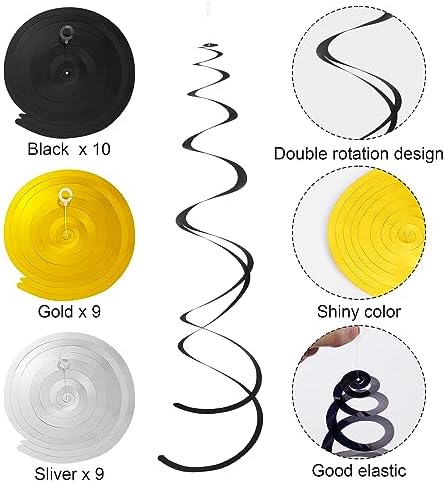 Colorful Ceiling Swirl Foil Decorations Hanging Plastic Streamer Themed Swirl Party for Halloween Graduation Celebration, Pack of 28 (Gold, Black and Sliver) - Image 3