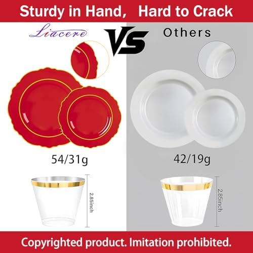 Liacere 350PCS Red Plastic Plates - Red Disposable Plates With Gold Rim - 50Guest Baroque Plastic Dinnerware include 100Plates-50Pack Pre Rolled Napkins with Silverware 50Cups for Independence Day - Image 6