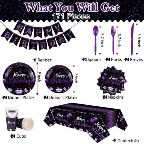 Vesici 171 Pcs Happy Birthday Party Supplies 24 Set Table, Black, Purple - Image 3