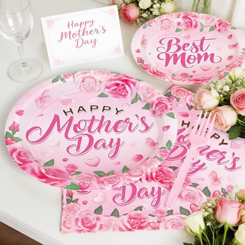 122 PCS Mothers Day Plates and Napkins Set, Serves for 30 Guests Pink Mother's Day Home Decor with Flowers, Disposable Paper Plates Napkins Plastic Forks Tablecloth for Best Mom Party Supplies - Image 5