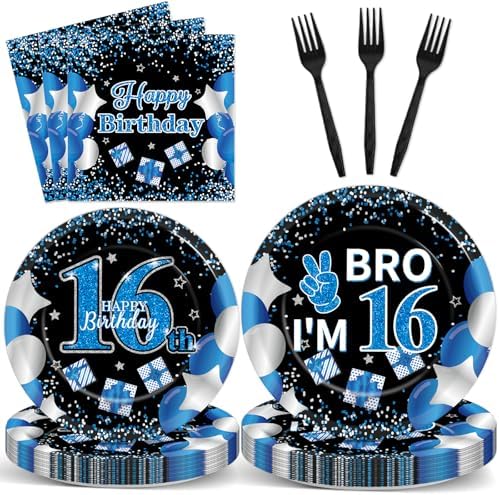 Qyeahkj 100 Pcs 16th Birthday Decorations for Boys Official Teen Supplies Plate Napkin Forks Set Disposable Blue 16th Birthday Tableware Paper Plates Dinnerware for Kids Teenager Favors Serve 25 by Qyeahkj