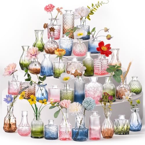 Colorful Glass Bud Vase Set of 36, Small Colored Vintage Vases for Centerpieces, Mini Colored Flower Vase for Wedding, Home Party Table Decor, Rustic Gifts by Paudao