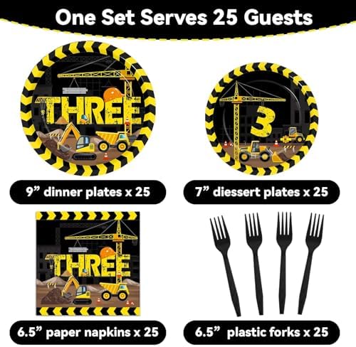 100 Pcs Construction 3rd Party Plates and Napkins Set 3 Years Old Birthday Decorations Construction Party Supplies Tableware Dump Truck Themed Favors for Birthday Party Decor Serves 25 - Image 2