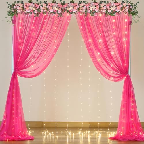 Hot Pink Tulle Backdrop Curtain with Lights for Parties 10x10ft Fuchsia Sheer Backdrop Curtains for Weddings Birthday Baby Shower Photo Shoot Background Decorations - Image 4