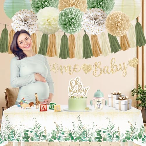 Sage Green Baby Shower Decorations Gender Neutral Baby Shower Decorations Welcome Baby Banner Sage Green Balloons Paper Lanterns Pom Poms Flowers Tablecloth Tassels Mom to Be Sash Dad to Be Pin - Image 6