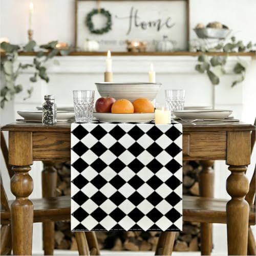 Black Beige Diamond Plaid Table Runner, Home Farmhouse Dining Halloween - Image 3