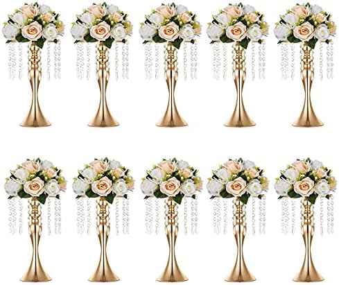 Sziqiqi Gold Floral Centerpiece Riser with Crystal Beads, 10Pcs, 13.8in by SZIQIQI