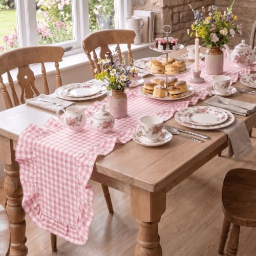 Artoid Mode Pink Farmhouse Plaid Gingham Ruffle Table Runner, Seasonal Scalloped Spring Kitchen Dining Table Decoration for Home Party Decor 13x72 Inch - Image 6
