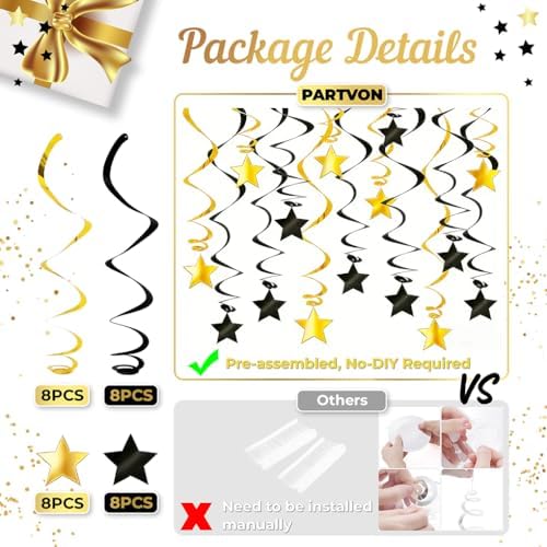 Black Gold Hanging Swirl Decorations - 32 Pcs Metallic Ceiling Swirls with Foil Stars, Plastic Streamers for Graduation 2026, Birthday, Wedding, New Year's Eve, Engagement Party Supplies - Image 3