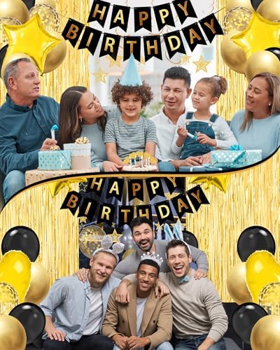 Black Gold Happy Birthday Party Decorations with Banner Balloons for men - Image 3