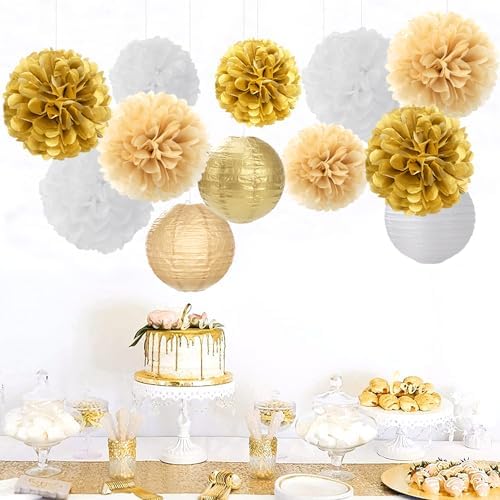 White Gold Party-Decorations Paper Flowers Lanterns - 15PCS Engagement Birthday Graduation Wedding Tissue Pom Poms Streamers,Neutral Bachelorette Baby Bridal Shower Hanging Supplies Decor Hugfond - Image 5