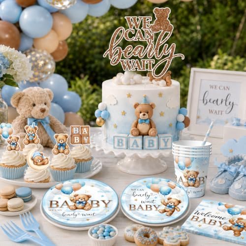 Blue Bear Baby Shower Decorations - 259Pcs Bear Themed Tableware Balloon Arch Kit for Baby Shower Boy - Image 3