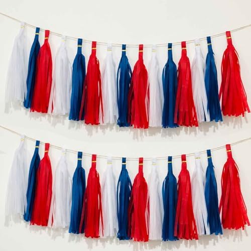 We Moment Blue Red and White Tissue Paper Tassels Party Tassel Garland Banner for Party Decorations, DIY Kits,15PCS by We+Moment