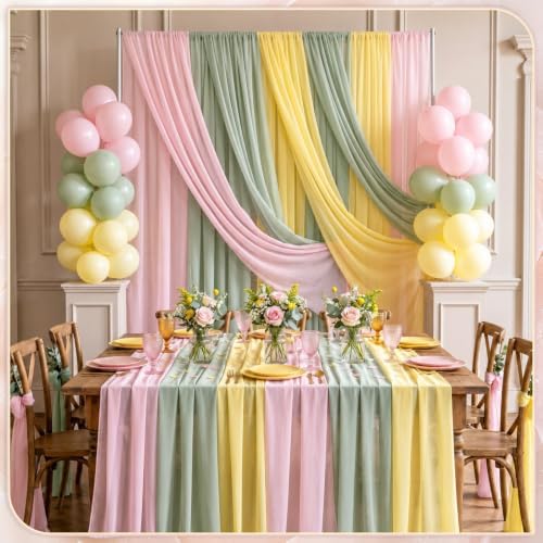 Boao 6 Pcs Pink and Sage Green Party Decorations Chiffon Table Runner by Boao
