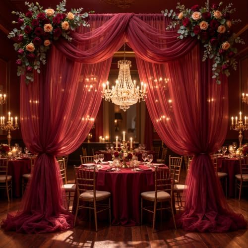 10x10ft Burgundy Tulle Backdrop Curtain for Parites, Sheer Photo Backdrop Drapes for Wedding Baby Shower Bridal Shower Birthday Party Photo Shoot Background Decorations - Image 3