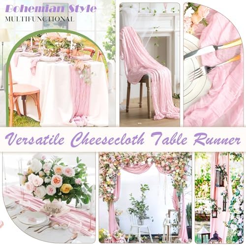 Pink Cheesecloth Table Runner 2 Pack 35" Boho Gauze Runner 120 inches Long Runner Rustic Sheer Fabric Bulk for Boho Baby Shower Wedding Bridal Birthday Party Table Decorations - Image 5