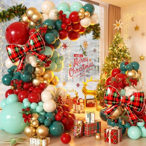 Christmas Balloon Arch Garland Kit for Christmas Party Decorations | 146Pcs Red Green Gold Pearl White Balloons with Foil Bow Balloons for Christmas New Year Candies Xmas Party Decorations by Woaipati