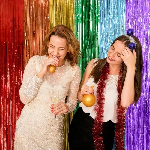2 Pack Rainbow Party Backdrop Streamers Decorations Colorful Foil Fringe Curtains Metallic Tinsel Backdrop for Birthday First Day of School Engagement Baby Shower Christmas Holiday Party Decor - Image 5