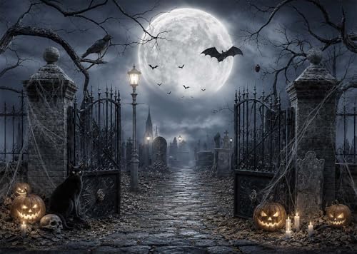12x10ft Halloween Backdrop Spooky Graveyard Cemetery Full Moon Pumpkin Black Cat Skull Photography Background, Horror Fall Party Decor Photo Booth Props, Kids Birthday Studio Wall Decor Banner by Etsyoki