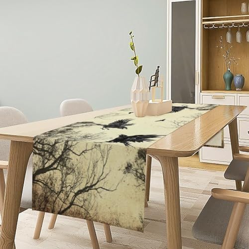 Gothic Crow Forest Table Runner, Halloween Flying Spooky Black Raven Crow Black Dark Wings Thriller Dinner Runner for Farmhouse Party Holiday Home Kitchen Dining Table Decor 13"x120" - Image 2