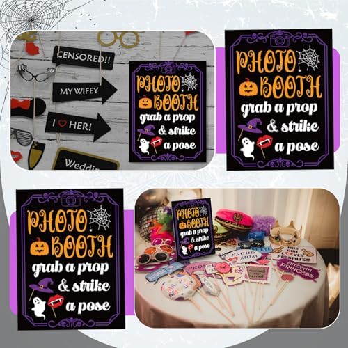 Briwooody Halloween Photo Booth Sign with Stand Retro Background Table - Image 6