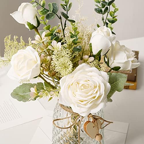 YJ Fake Flowers with Vase, Silk Roses Artificial Flowers in Vase, Faux Flower Plant Arrangement Suitable for Home Office Decoration, Dining Table Centerpiece(White) - Image 5