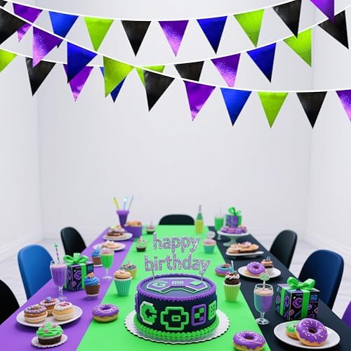 Video Game Party Decorations Black Blue Green Purple Metallic Fabric Triangle Pennant Banner Flag Bunting for Men Boys Birthday Graduations Retirement Wedding Bachelorette Video Game Party Supplies - Image 5