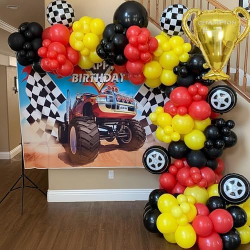 Race Car Balloon Arch Garland Kit, 154pcs Different Size Tire Flags Checkered Black Red Yellow Balloons Arch Kit for Racing Car Two Fast Theme Boy Birthday Anniversary Party Decorations - Image 4